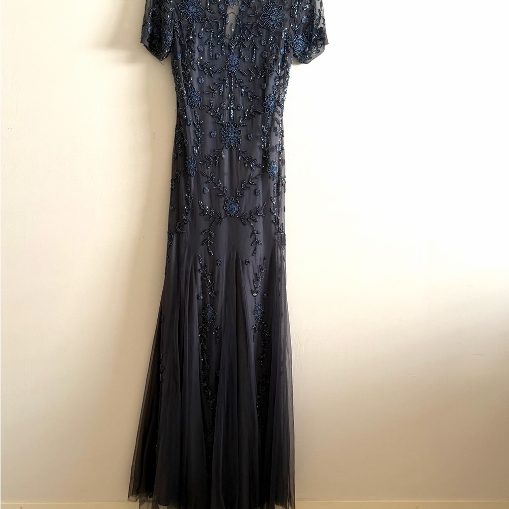 Adrianna Papell Navy Beaded Tulle Maxi Dress
